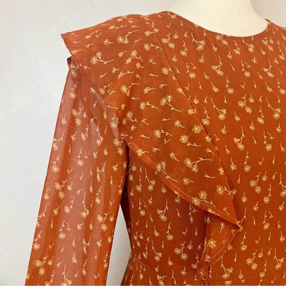 •MOUSSY• Long Sleeve Ruffle Maxi Dress in Sienna Floral Print Size Small - Picture 3 of 12